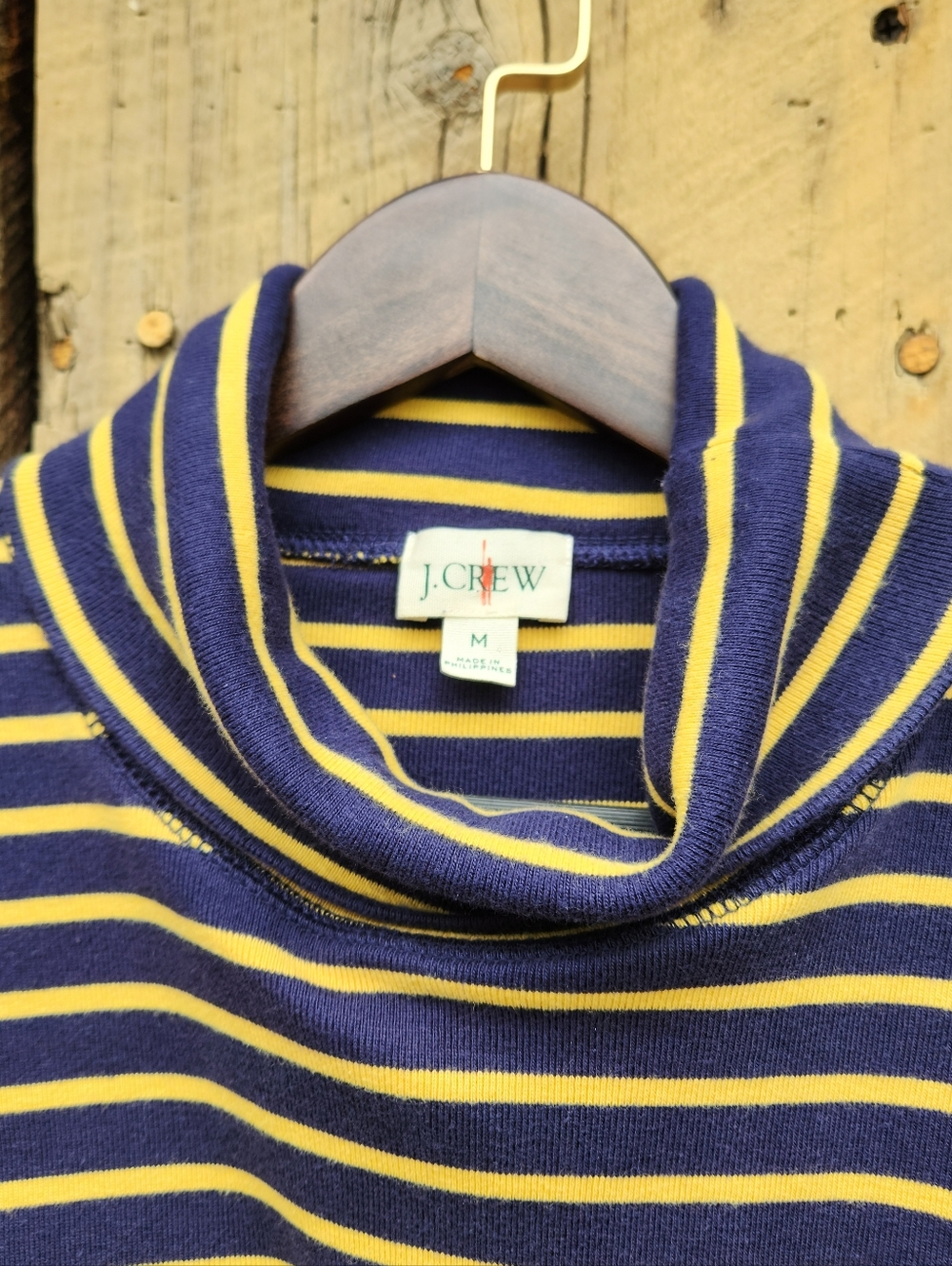 J. Crew Navy And Yellow Striped Long Sleeved Turtleneck Cotton Tee Medium